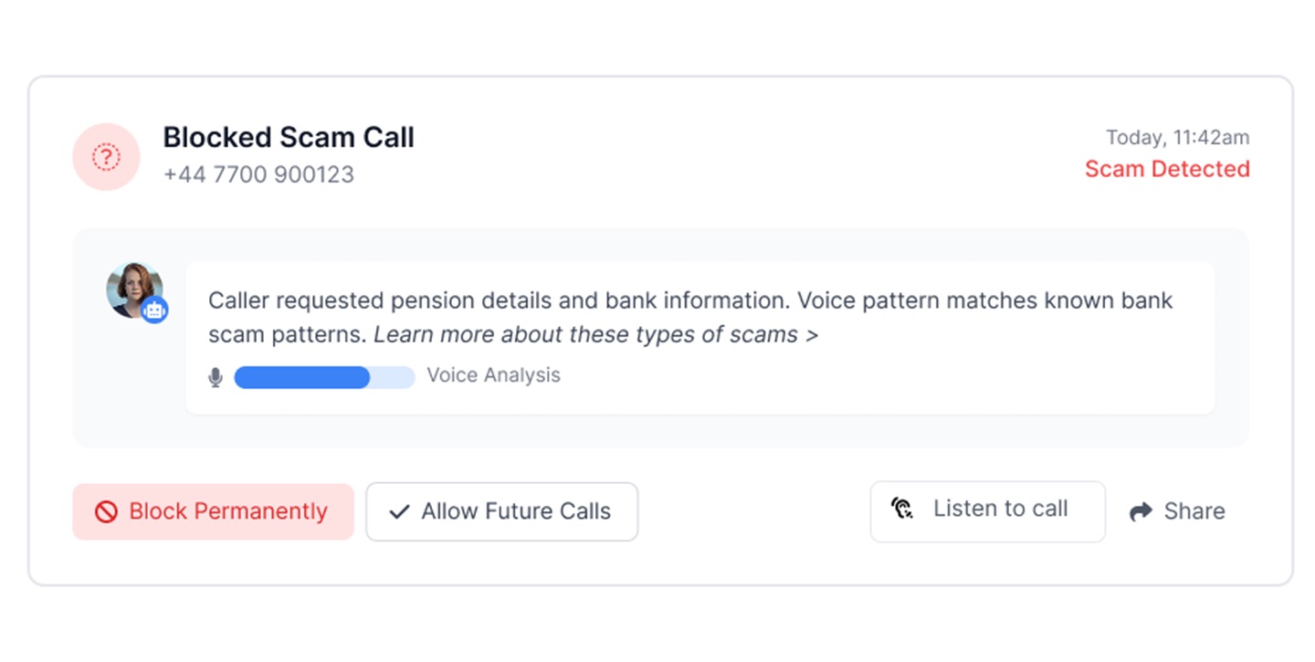 Everguard caregiver app showing blocked-call transcript